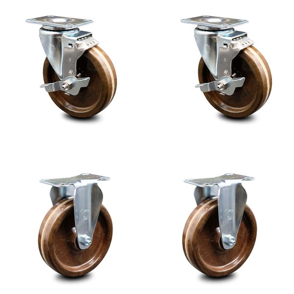5 Inch High Temp Phenolic Swivel Top Plate Caster Set with 2 Brakes 2 Rigid SCC